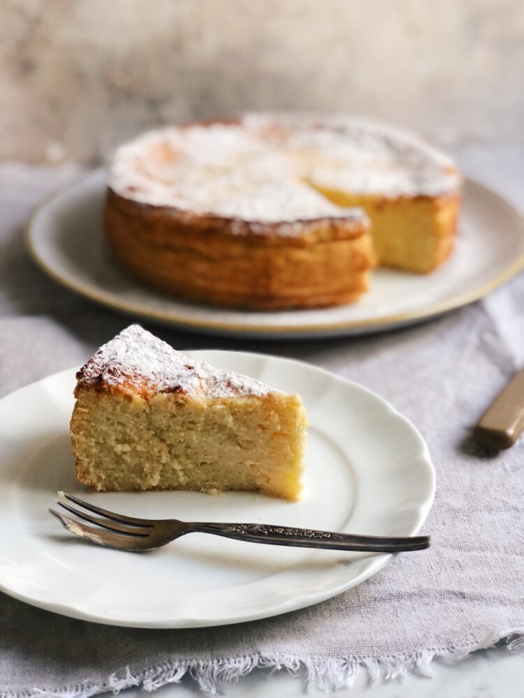Migliaccio — Neapolitan semolina and ricotta cake, one slice cut
